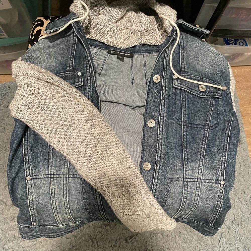 Denim Jacket with knit sleeves and hood